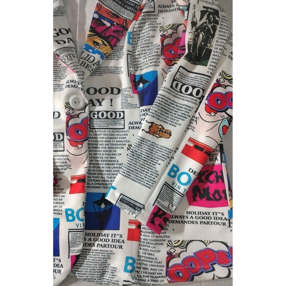 Touch Me Newspaper Print Blazer Women's Jacket Sz Large Padded Shoulder‎ Stretch - Picture 3 of 10
